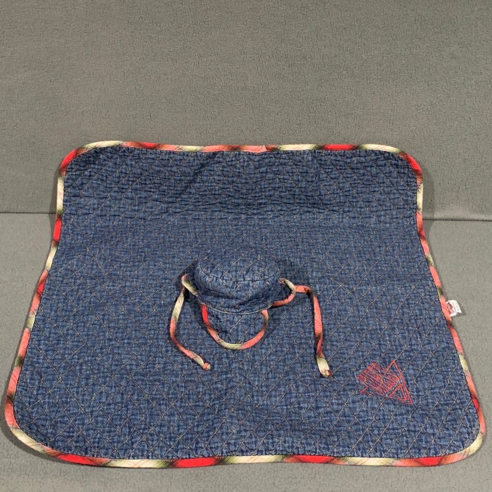 Vintage Baby Guess Denim Quilted Blanket and Hat Set Blue Red Plaid Made in USA